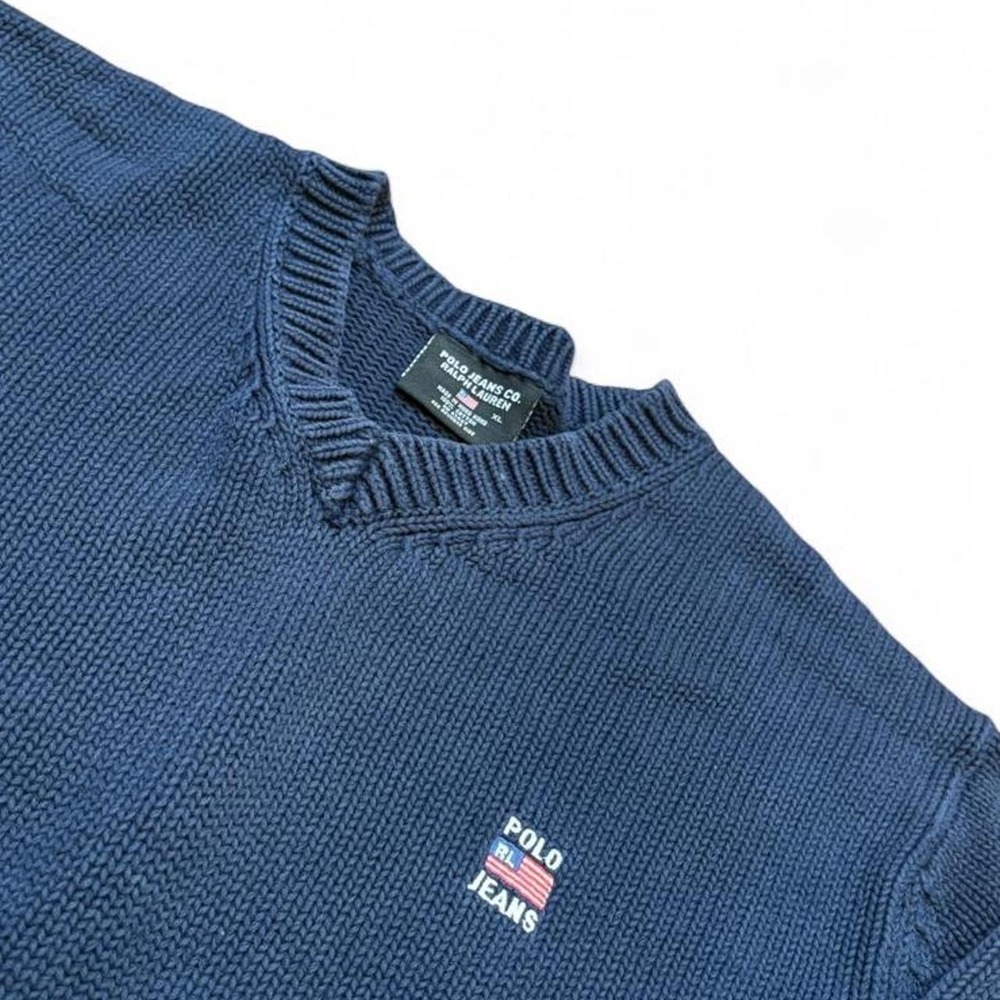 Polo Jeans Co Ralph Lauren V-Neck Knit Sweater Navy Blue Logo Pullover Mens XL